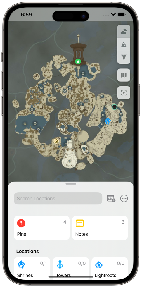 iPhone running TOTK Travel Guide, showing the map of Tears of the Kingdom with various markers indicating points of interests such as shrines, towers, and korok seeds